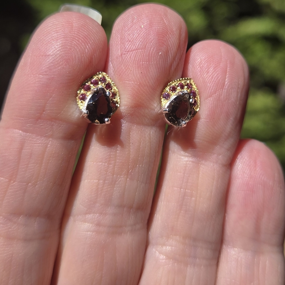 Smokey Quartz 2k & Rhodolite Natural Sterling & Gold Earrings - Picture 6 of 9